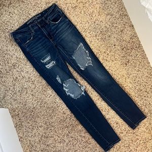American Eagle distressed, dark wash super stretch X size 6